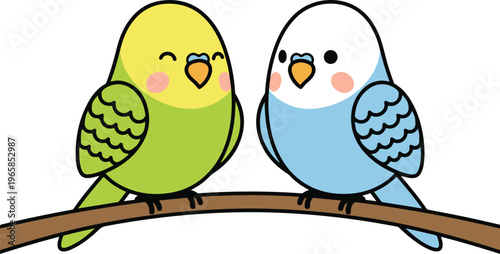 Adorable Green and Blue Parakeet Birds with Rosy Cheeks and Orange Beaks Perched Together on Brown Branch, Happy Kawaii Friendship and Love Theme vector illustration
