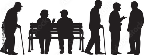 Black silhouettes of elderly men interacting and sitting on a bench old people white background