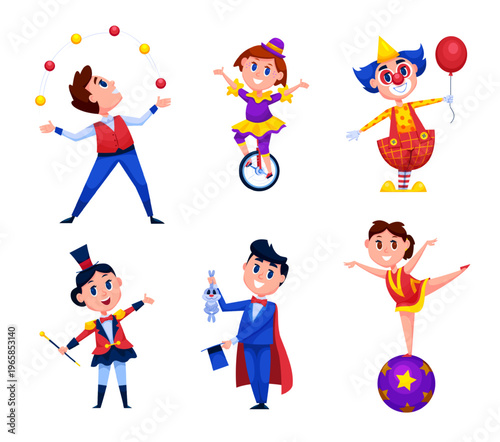 Kids circus characters. Children carnival artists, little magician child juggler boy acrobat girl cartoon cute character kid clown attraction show qualitative vector illustration