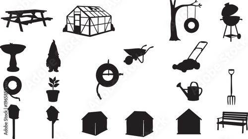 Black silhouettes of garden and yard on white background