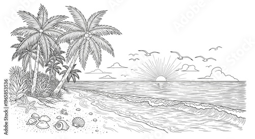 Palm trees on sandy beach shore.