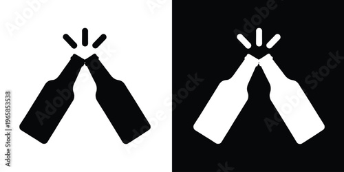 Two beer bottles clinking together, Beer cheers silhouette, Alcohol drink bottle pop vector illustration
