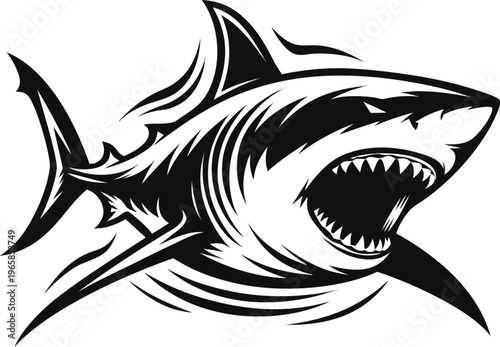 Black and white of an angry shark with open mouth marine life predator