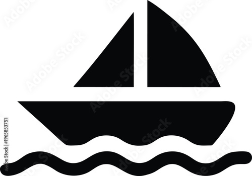 Black silhouette of a sailboat on white background with waves d
