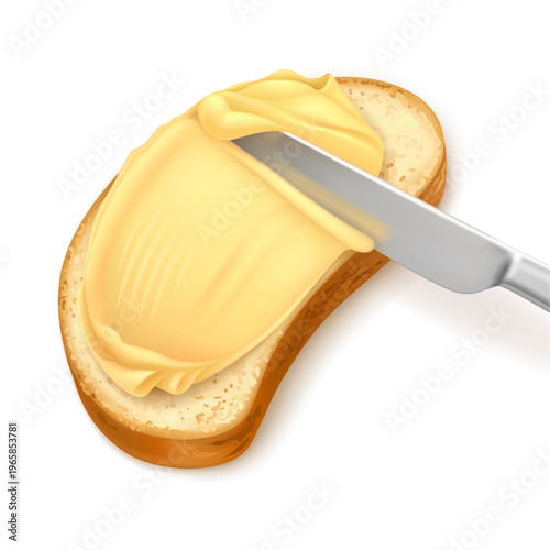 Realistic butter knife. Spread buttered bread toast, sandwich cut margarine curl slice creamy breakfast cooking food advertising template 3d isolated garish vector illustration