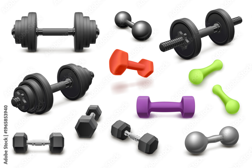 Fototapeta premium Realistic dumbbell. 3d dumbbells fitness gym workout muscle exercise weight equipment lifting weights barbell design weightlifting weightlifting isolated garish vector illustration