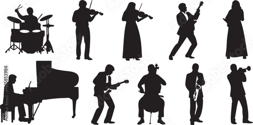 Black silhouettes of musicians playing various instruments white background