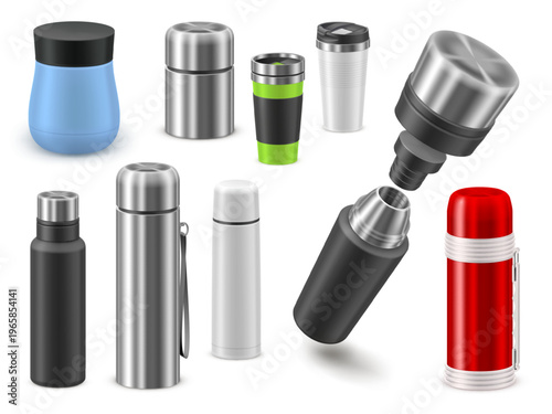 Realistic thermo container. Thermal bottle mockup, 3d thermos tumbler cup travel mug hot ice water container stainless flask coffee tea picnic bottles garish vector illustration