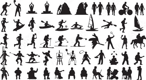Black silhouettes of people engaging in various sports and activities