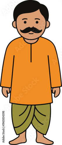 Traditional Indian Man in Orange Kurta and Green Dhoti with Mustache, Simple Flat Cartoon Character Vector Illustration
