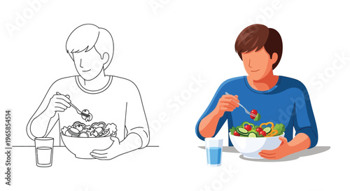 Man eating a bowl of salad and cereal with a glass of water