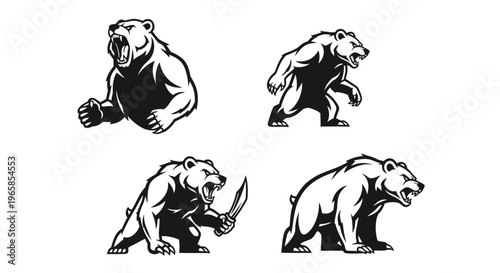 Bear Illustrations - Aggressive Wildlife in Black and White.