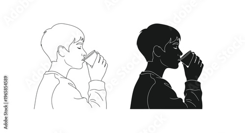 Vector illustration of a man drinking coffee from a cup in two styles