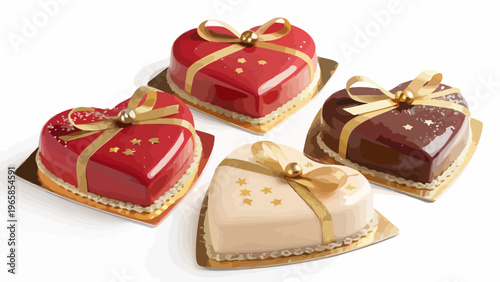 Luxury dessert theme with glossy heart shaped cakes and golden ribbons on decorative plates