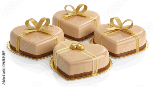 Luxury dessert theme with glossy heart cakes and gold ribbons on white background for valentine's day or romantic occasions