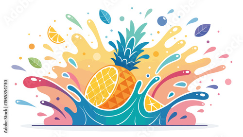 Vibrant pineapple splash with colorful juice and fruit pieces exploding in a dynamic graphic design