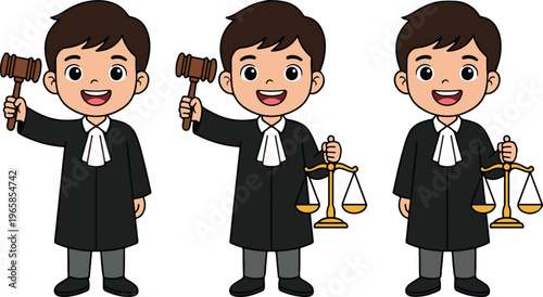 Three Happy Judges in Black Robes with White Collars, First Two Holding Wooden Gavels and Third Holding Golden Scales of Justice, Legal Court System Cartoon Characters Flat Vector Illustration
