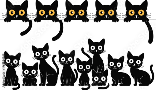 Black Cats Peeking and Posing on White Background