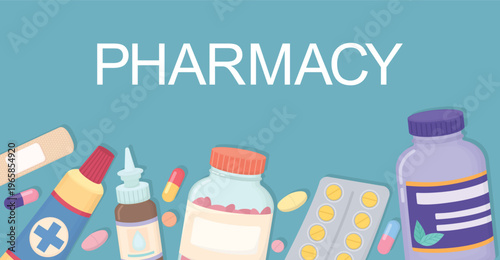 Pharmacy banner with pills, drugs and medical bottles. Colorful healthcare concept