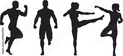Black silhouettes of people running and kicking on white background exercise