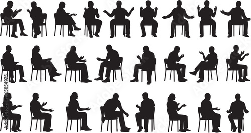 Black silhouettes of people sitting in chairs gesturing gestures