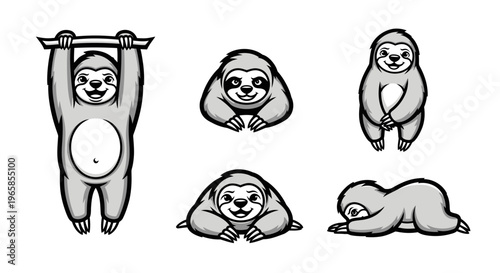 Charming Sloth Cartoon Characters in Various Poses.