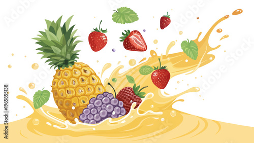 Vibrant fruit explosion with pineapple strawberries and grapes splashing in juice conveying freshness and health