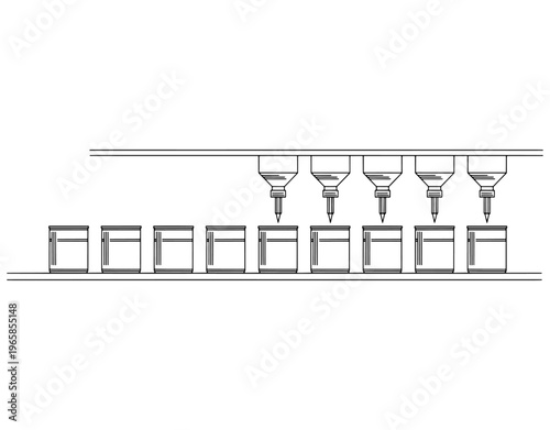 Automated canning production line illustration featuring metal cans being filled by industrial nozzles on a conveyor belt, food and beverage manufacturing process concept.