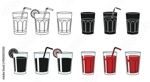 Vector graphic illustration of various glasses with drinks and straws designs