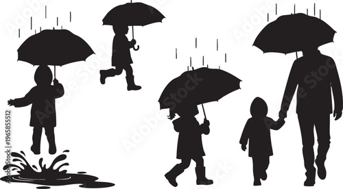 Black silhouettes of people walking and playing in rain with umbrellas children