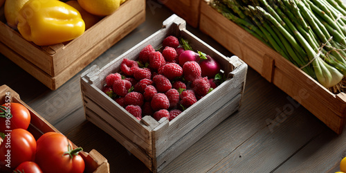 Fresh raspberries and radishes in a wooden crate surrounded by tomatoes, yellow bell peppers, and asparagus on a rustic wooden table