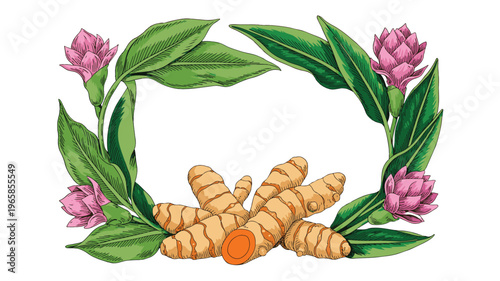 Turmeric root with green leaves and pink flowers herbal spice botanical frame illustration