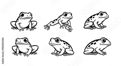 Collection of Cartoon Frogs in Various Poses, Black and White Line Art.