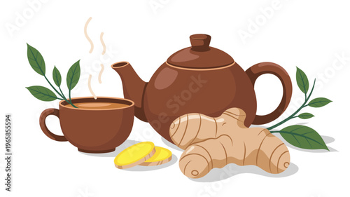 Ginger tea cup with teapot and fresh ginger root herbal drink illustration