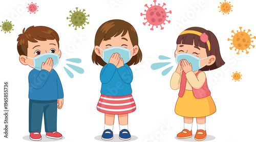 Kids wearing face masks coughing and sneezing, virus protection health hygiene cartoon vector illustration design
