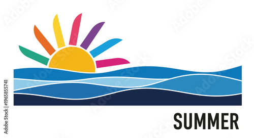 Summer vacation illustration featuring a bright colorful sun rising over blue ocean waves on a clean white background.