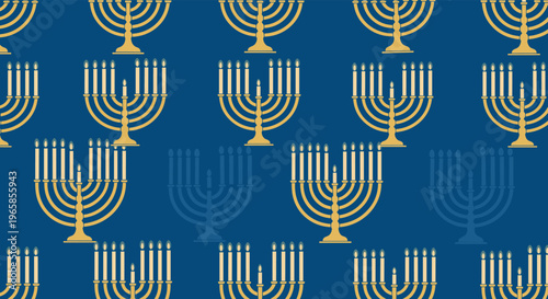 Seamless pattern with golden Chanukah menorahs on a dark blue background celebrating the Jewish festival of lights in winter.