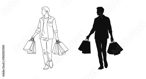 Man carrying shopping bags in line art and silhouette styles walking alone