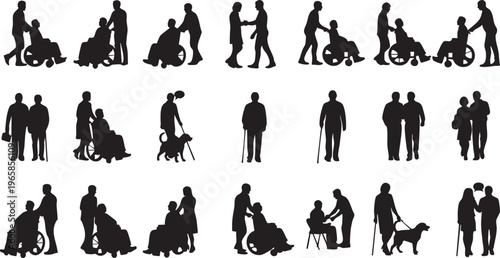 Black silhouettes of people with disabilities and their caregivers disability wheelchair