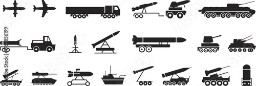 Military vehicles silhouette collection, defense equipment illustration, army technology artwork, land air sea combat design, war system concept graphic