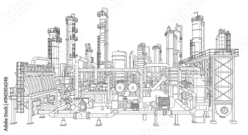A detailed wireframe blueprint of a large industrial oil refinery or chemical processing plant with multiple towers and complex piping.