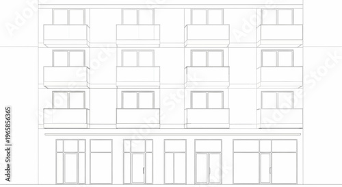 Architectural line drawing of a multi-story building facade with ground-floor shops and upper-floor balconies and windows.