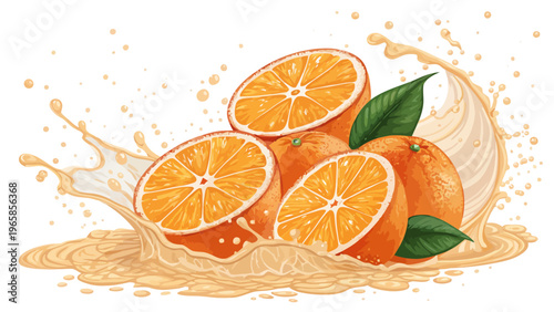 Oranges bursting into juice with dynamic splash and green leaves on white background