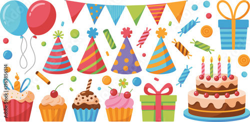 Colorful birthday party celebration vector element set with cake cupcakes balloons gifts party hats bunting flags and candy sweets for greeting cards and invitations.