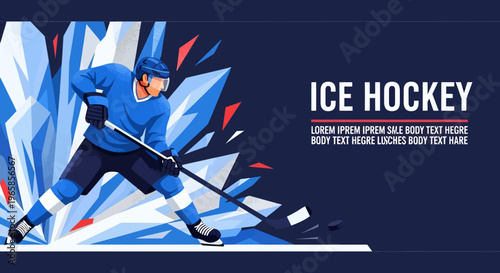 Ice hockey player skating with puck and stick vector illustration