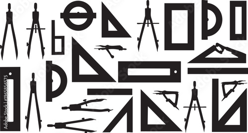 Black silhouettes of tools and geometry shapes on white background compasses triangles