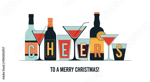 Merry christmas greeting card illustration with stylized bottles and glasses for a festive holiday celebration toast.