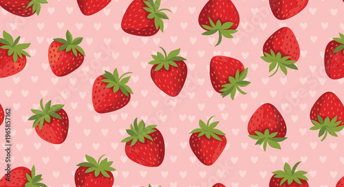 Seamless pattern with ripe red strawberries and small white hearts on a light pink background for sweet themes.