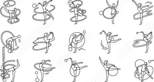 Rhythmic Gymnastics Vector Silhouette Set with Female Gymnasts Performing Ribbon and Ball Routines, Elegant Dance Poses, and Artistic Sports Illustrations for Fitness and Sports Design