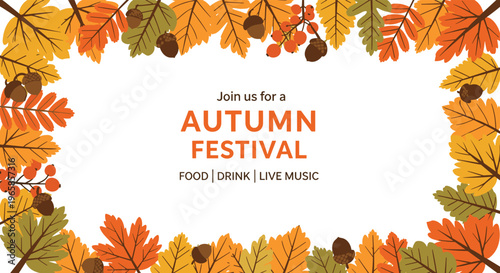 Autumn festival invitation with a colorful border of fallen leaves acorns and berries on a clean white background.